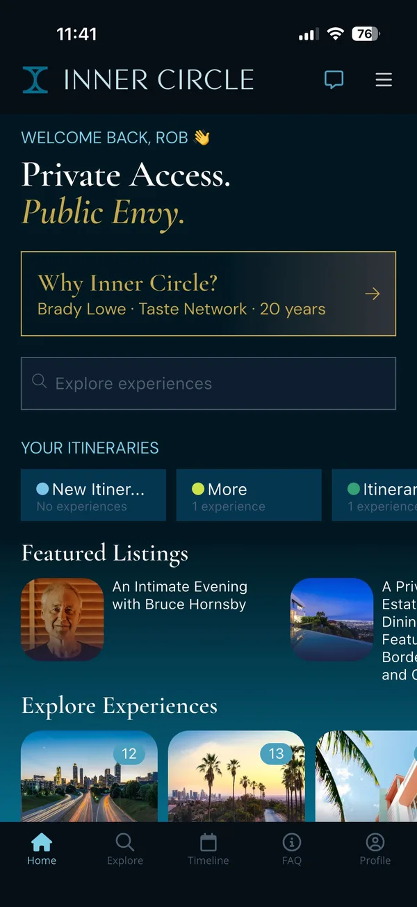 会員限定の体験や特集リスティングを表示するInner Circleのアプリ
