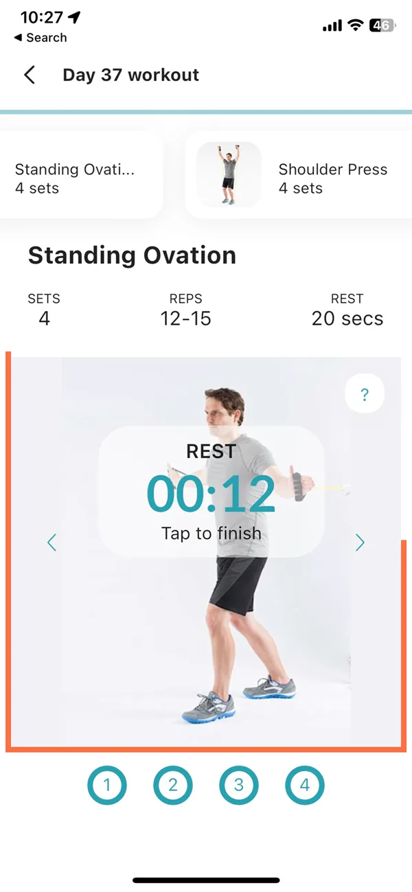 A Kenzai workout screen with a rest timer between sets